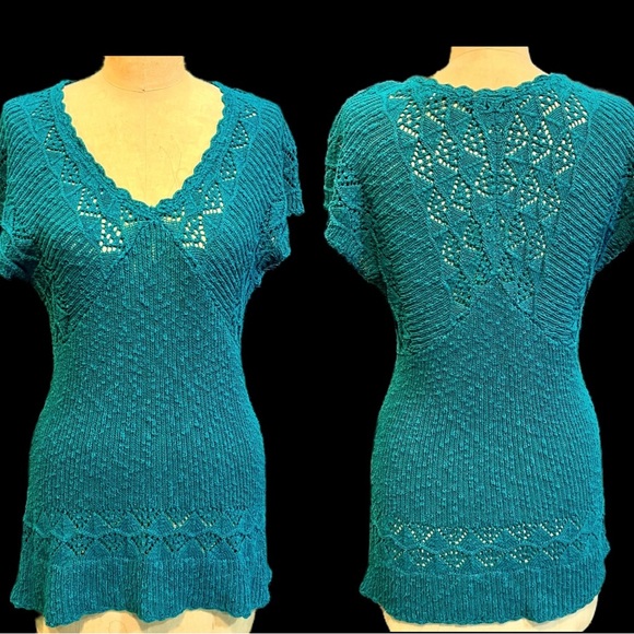 Axcess Sweaters - Jade teal open crochet knit sweater form fitted short sleeve tunic long length